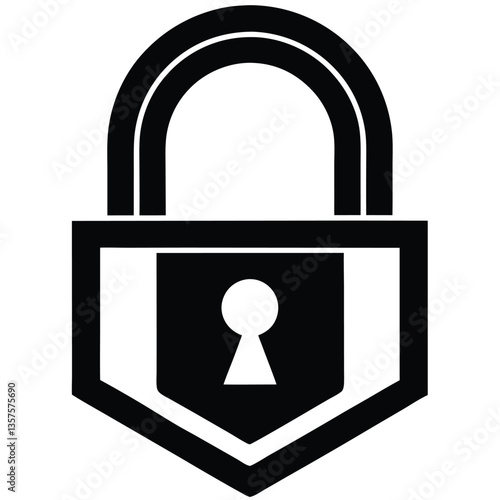 Black and white icon, padlock symbol, security emblem, minimalist design, geometric shapes, keyhole illustration, bold lines, simple graphic, shield-shaped lock, protection concept, strong contrast, 