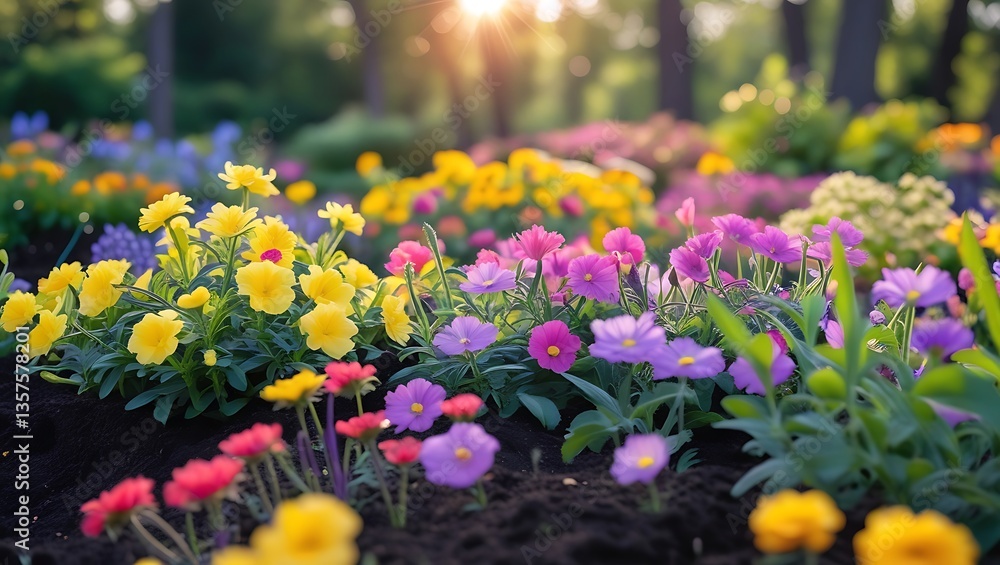 Obraz premium A sunset casts a warm glow over a garden bursting with colorful flowers
