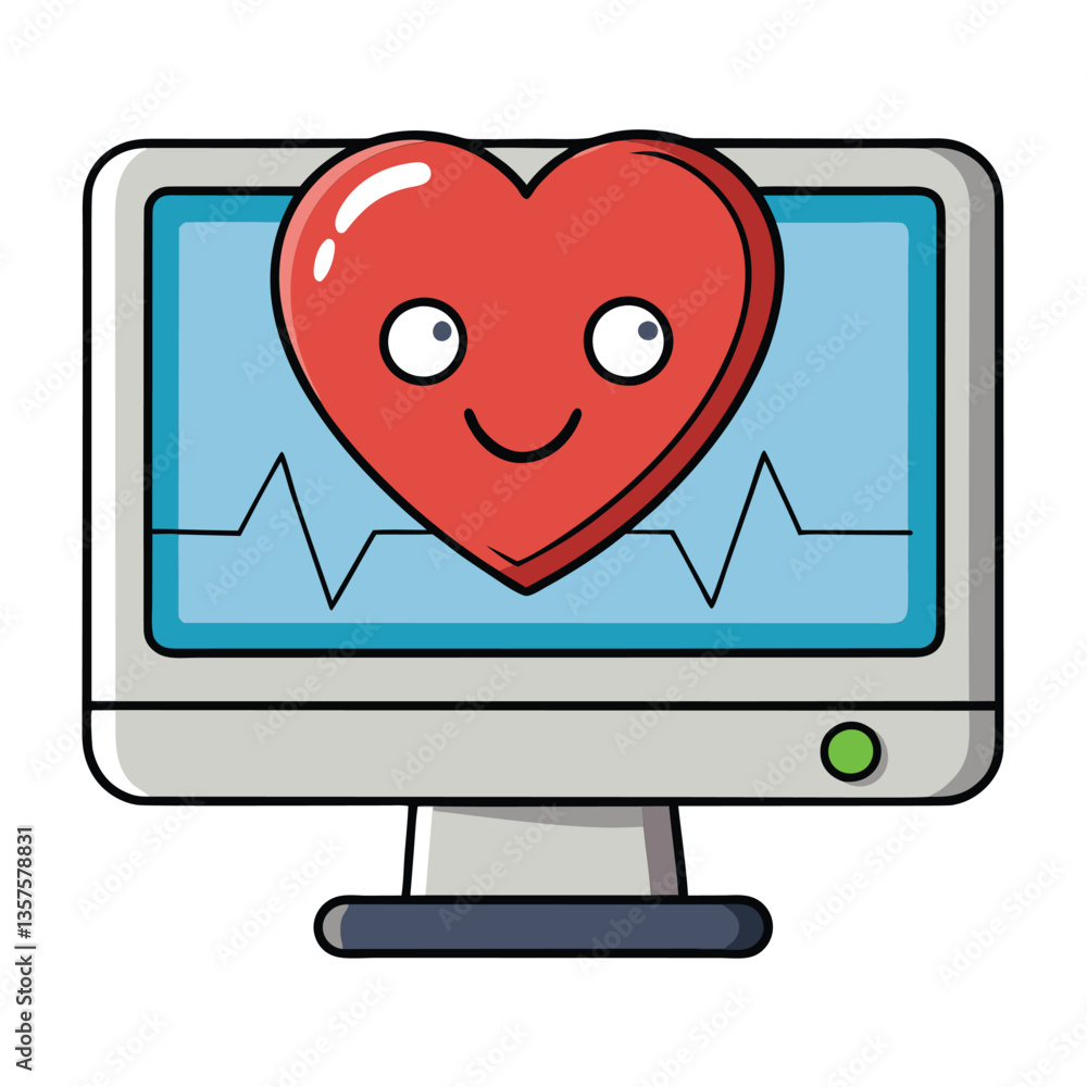 Heart Health Monitor. Digital Illustration of a Computer Screen with a Smiling Heart and Heart Rate Heart Health Monitor. Digital Illustration of a Computer Screen with a Smiling Heart and Heart Rate