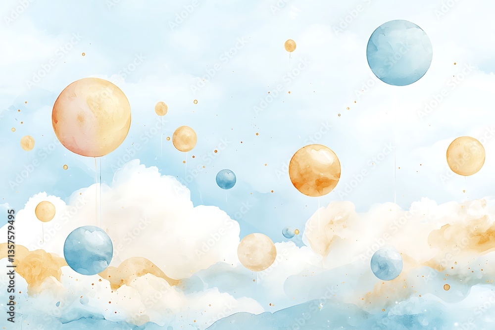 Pastel Balloons Floating Cloudscape. Pastel Balloons Floating Cloudscape.