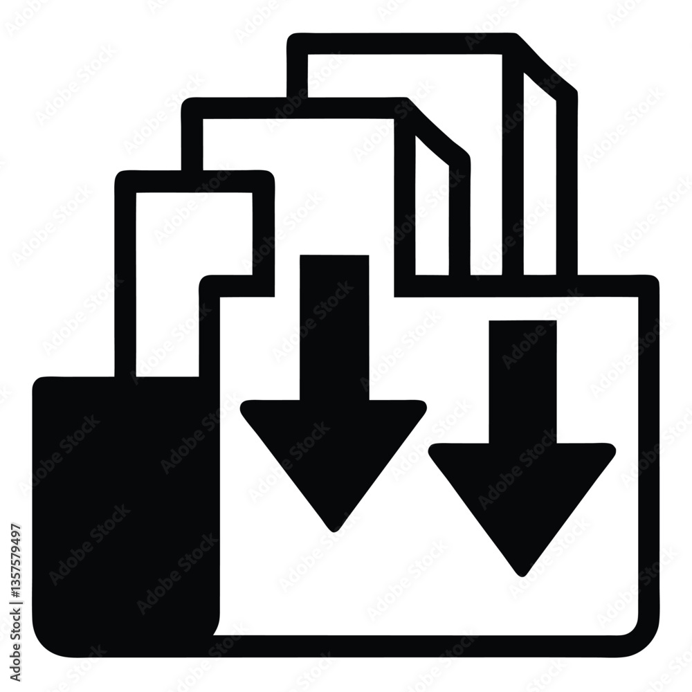 Icon, minimalist design, downward arrows, file folder, data transfer, black and white, geometric shapes, digital storage, download symbol, simplified graphic, bold lines, square format, Icon, minimalist design, downward arrows, file folder, data transfer, black and white, geometric shapes, digital storage, download symbol, simplified graphic, bold lines, square format,