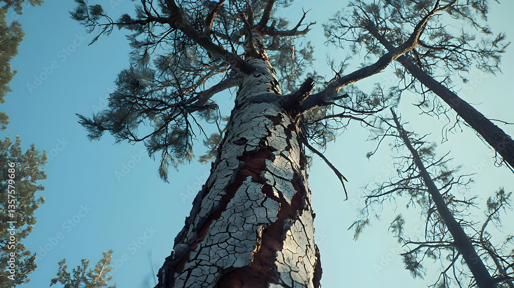 Naklejka premium Upward view of a weathered pine tree trunk against a clear sky. Its bark shows signs of dryness and cracking