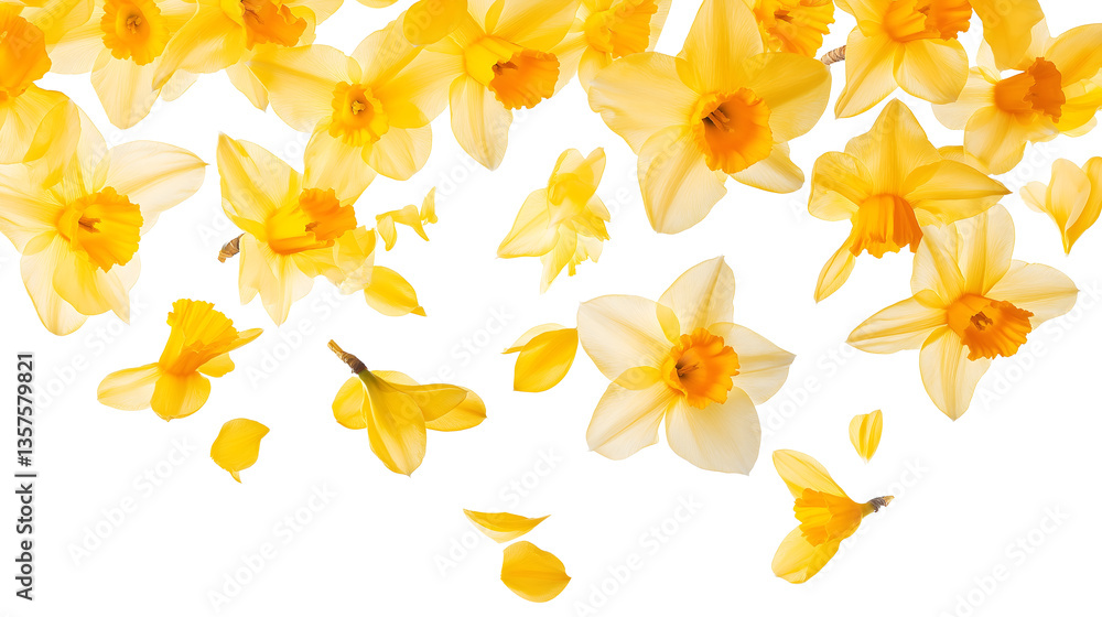 Fototapeta premium yellow daffodil flowers petals floating in air isolated png transparent cutout