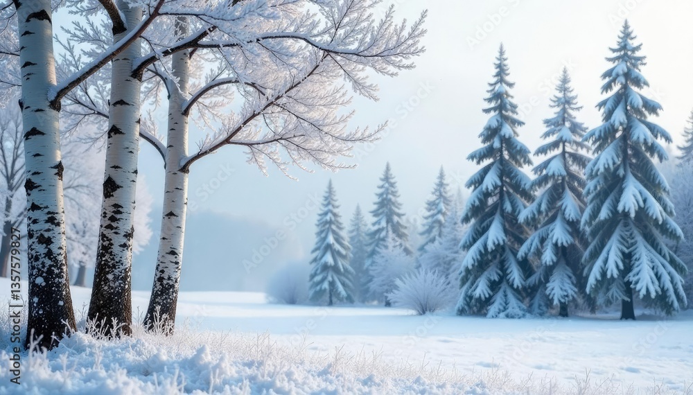 Frost-covered birch trees against snowy pines and spruces, white, frost, birch Frost-covered birch trees against snowy pines and spruces, white, frost, birch