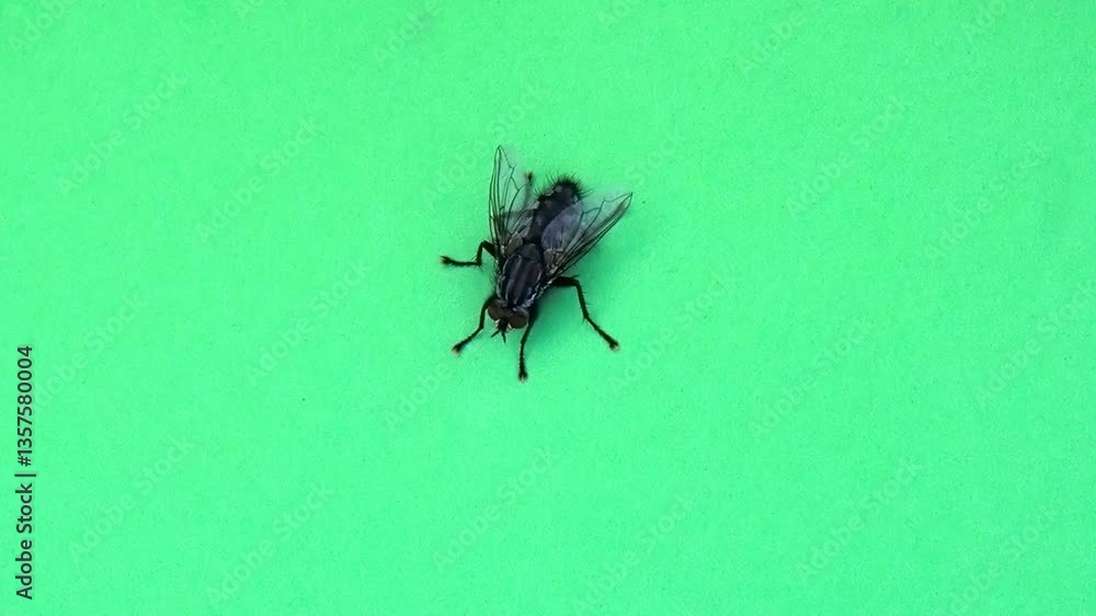 big grey fly moving on green screen slow motion