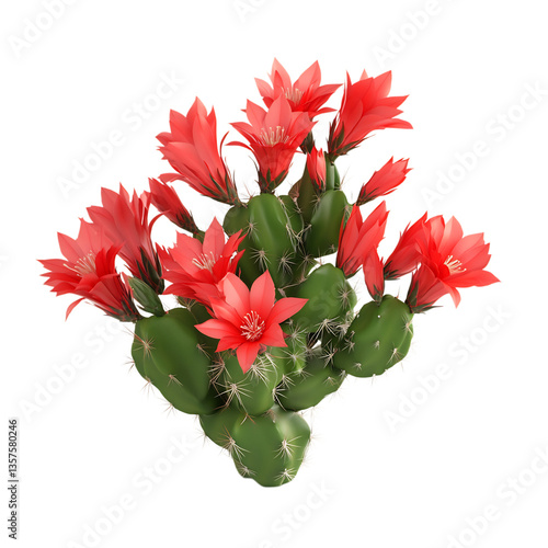3D Christmas Cactus with Vibrant Red Flowers Isolated on Transparent Background