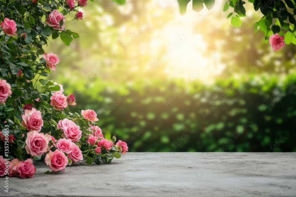 Fototapeta premium Concrete table, beautiful roses around, blurred garden background