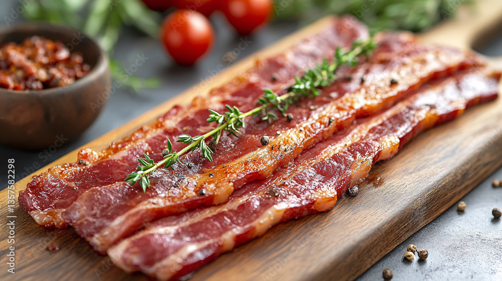 Obraz premium Slices of savory bacon garnished with herbs, displayed on a wooden cutting board, accompanied by cherry tomatoes and a bowl of spices.