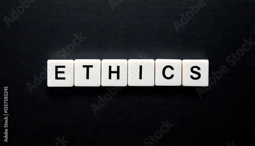 ethics word banner letter tiles on black background isolated text modern simple aesthetics