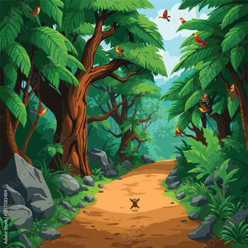 A Winding Path Through Thick Greenery with Birds Perched on Branches and Rocks