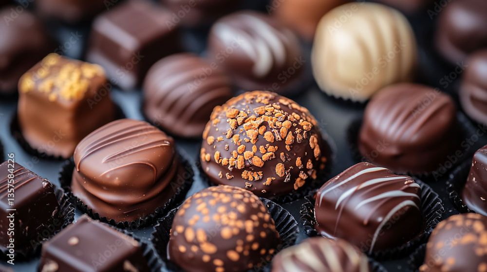 A close-up of assorted chocolates, showcasing various shapes, textures, and toppings, highlighting their rich, tempting appearance.