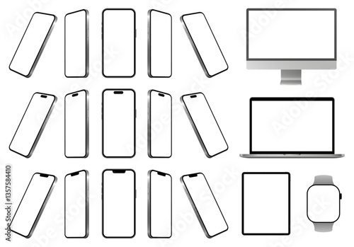 Mockup of smartphone screen. Display frame in different projections. Silver computer monitor, laptop, tablet screen, mobile phone and watch. Device front view. 3D smart pad. Cell phone