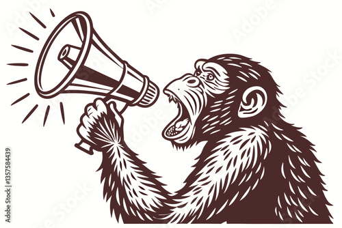14 chimpanzee, megaphone, black and white photograph, vintage style, humorous, anthropomorphic, primate communication, loud, expressive, speaking, animal behavior, side profile, contrasting tones, det