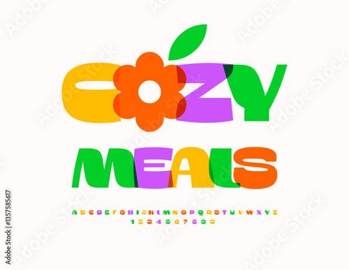 Vector Cute template Cozy Meals. Creative Colorful Font. Transparent Watercolor Alphabet Letters and Numbers