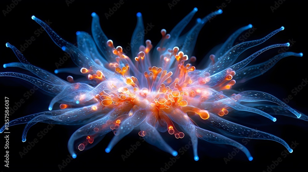 Illuminated Sea Anemone Close-Up, Ocean Depth Illuminated Sea Anemone Close-Up, Ocean Depth