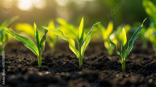 Young corn sprouts growing in the soil, blurred background. Plant background.