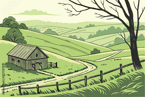 15 Rolling green hills, lush grassland, rustic wooden barn, distant horizon, split-rail fence, country road, rural landscape, pastoral scene, farmland, green meadow, weathered wood, tranquil countrysi