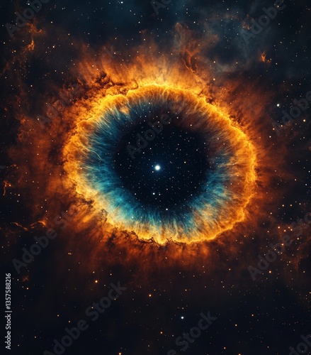 Nebula in space, glowing with orange and blue flames, the eye surrounded by nebulae, stars shining around it.