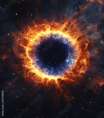 Nebula in space, glowing with orange and blue flames, the eye surrounded by nebulae, stars shining around it.