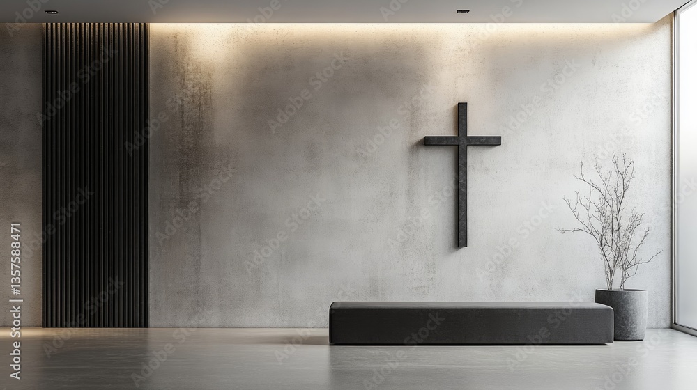 Naklejka premium Contemporary Minimalist Interior with Cross on Smooth Wall