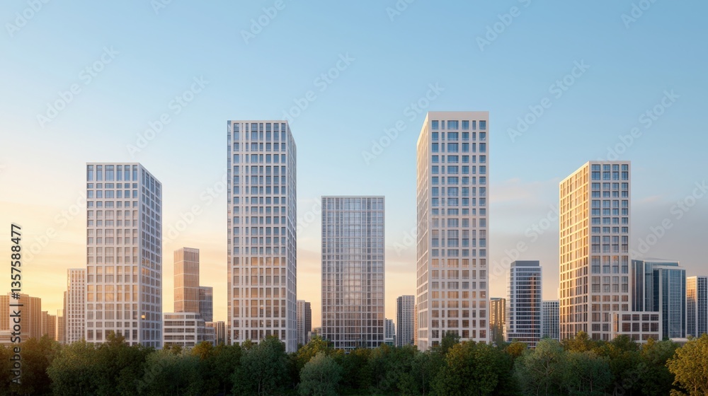 Carbon-neutral cities renewable and innovation, A modern city skyline featuring tall, sleek skyscrapers set against a clear blue sky with greenery in the foreground. Carbon-neutral cities renewable and innovation, A modern city skyline featuring tall, sleek skyscrapers set against a clear blue sky with greenery in the foreground.