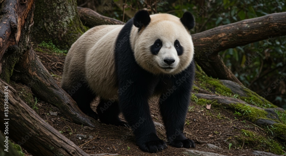 Fototapeta premium Captivating gaze of a giant panda amidst lush woodland terrain