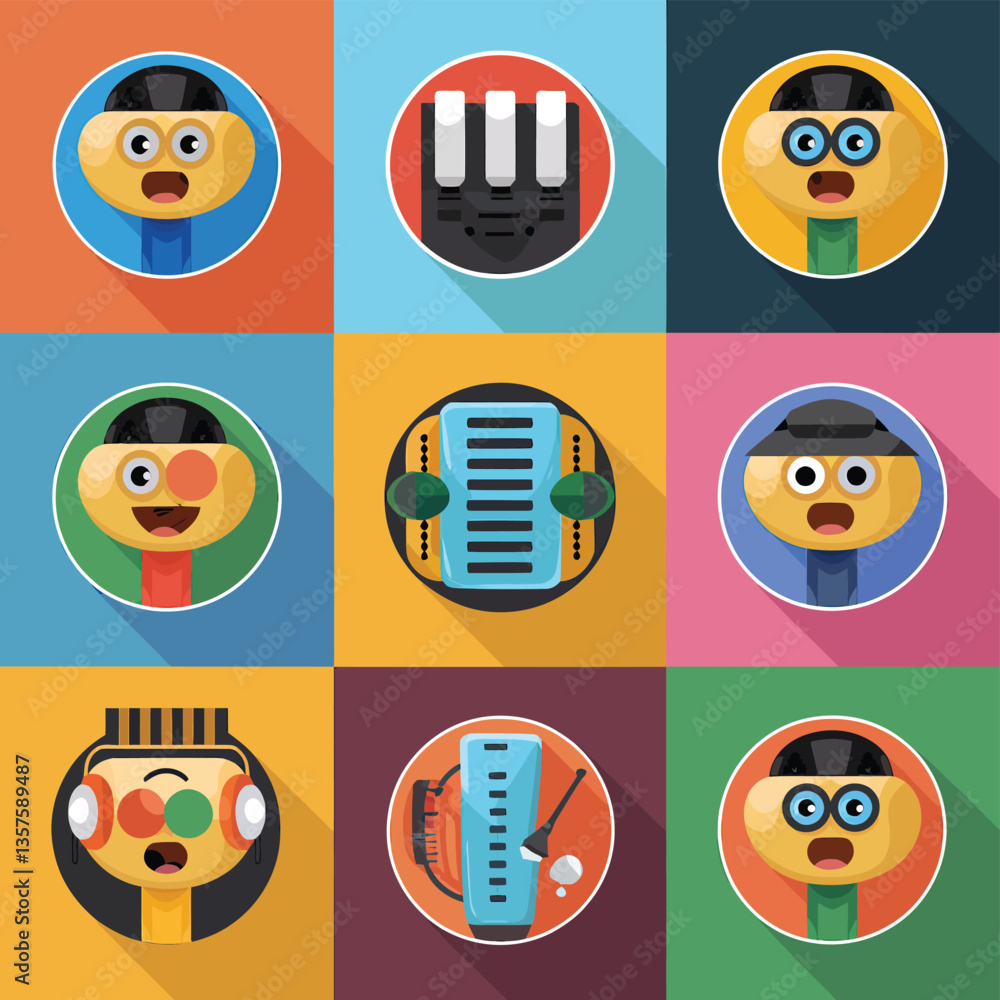 2d vector illustration icon cool entertainment cartoon character music tools (Drum , Music Note , Headphones ,Microphone , Piano , Guitar ,Record)
2d vector illustration icon cool entertainment cartoon character music tools (Drum , Music Note , Headphones ,Microphone , Piano , Guitar ,Record)