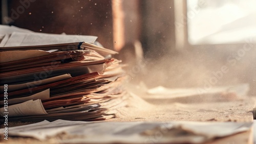 a close-up of a stack of old documents with dust particles in the air. The papers are aged and weathered, suggesting a long history