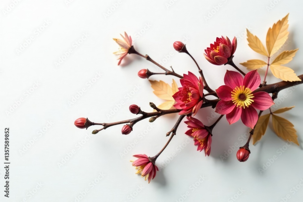 Twisted branch with dried flowers and leaves on a pure white surface, natural, dried flowers Twisted branch with dried flowers and leaves on a pure white surface, natural, dried flowers