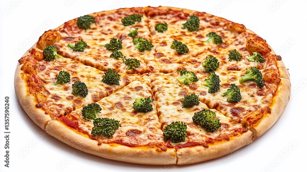 Delicious Vegetarian Pizza with Broccoli Topping on a White Background Delicious Vegetarian Pizza with Broccoli Topping on a White Background