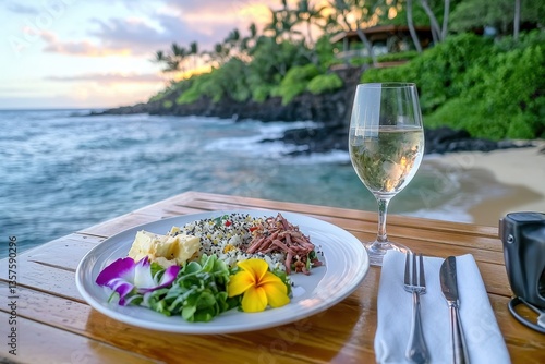 Vibrant Hawaiian Luau Buffet with Delectable Cuisine and Glass of White Wine Underneath a Fiery Sunset Sky