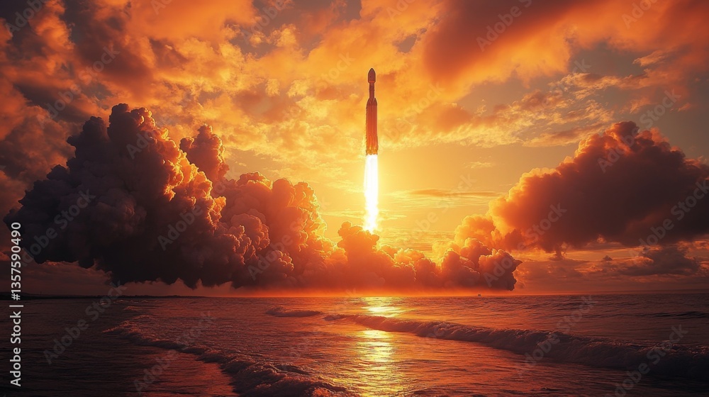 A powerful rocket lifts off from a coastal launch pad, surrounded by vibrant clouds and the glow of a sunset, demonstrating advancements in spaceflight technology and recovery methods. A powerful rocket lifts off from a coastal launch pad, surrounded by vibrant clouds and the glow of a sunset, demonstrating advancements in spaceflight technology and recovery methods.