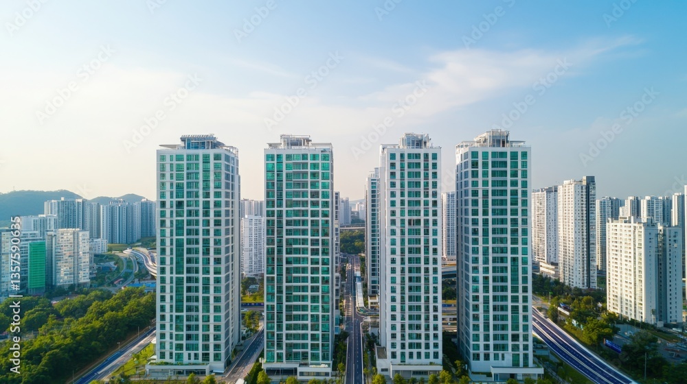 Obraz premium Carbon-neutral cities renewable and innovation, Aerial view of modern high-rise buildings surrounded by greenery and urban infrastructure under a clear sky.