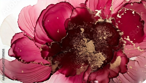 Alcohol ink burgundy bordeaux deep dark crimson red paint  floral flower bloom pattern abstract painting blot free-flowing paints fluid art background wallpaper gold white backgrounds backdrop