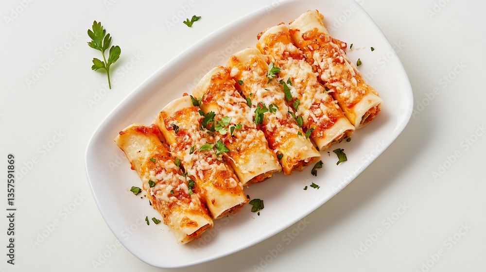 Delicious Cannelloni Pasta with Tomato Sauce and Melted Cheese on Plate Delicious Cannelloni Pasta with Tomato Sauce and Melted Cheese on Plate