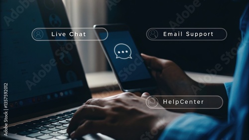 Close-up view of a person using a laptop and phone, with digital support icons overlayed on screen