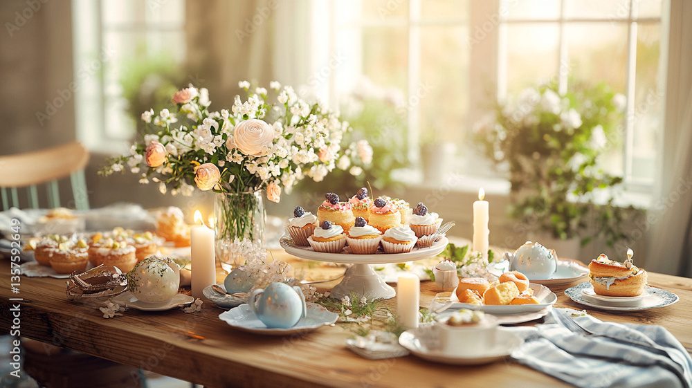 Rustic wooden table with an elegant Easter brunch spread, pastel-colored desserts, fresh flowers, and soft candlelight, photorealistic high-detail stock image Rustic wooden table with an elegant Easter brunch spread, pastel-colored desserts, fresh flowers, and soft candlelight, photorealistic high-detail stock image