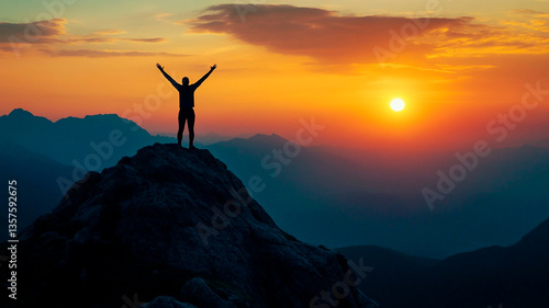 Silhouette of a person standing on a mountain peak at sunrise, arms raised in victory, motivational and inspiring image, cinematic atmosphere