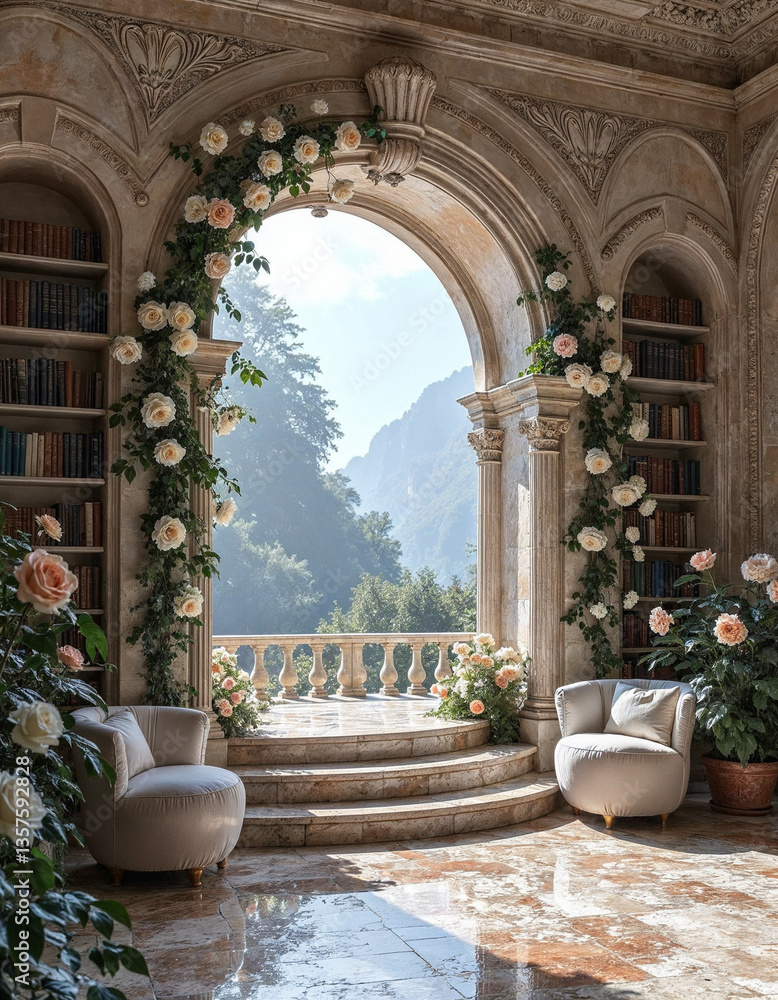 Fototapeta premium Enchanting interior featuring classical arches and lush plants, blending luxury with nature.