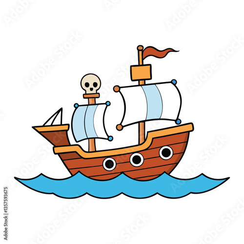 A rugged pirate ship with tattered sails drifts on the open ocean, its black flag fluttering in the salty breeze as waves crash against its weathered wooden hull.