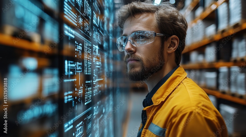 Warehouse professional in safety glasses observes inventory management data on a digital screen, ensuring efficient storage and tracking of freight within the logistics center. Warehouse professional in safety glasses observes inventory management data on a digital screen, ensuring efficient storage and tracking of freight within the logistics center.