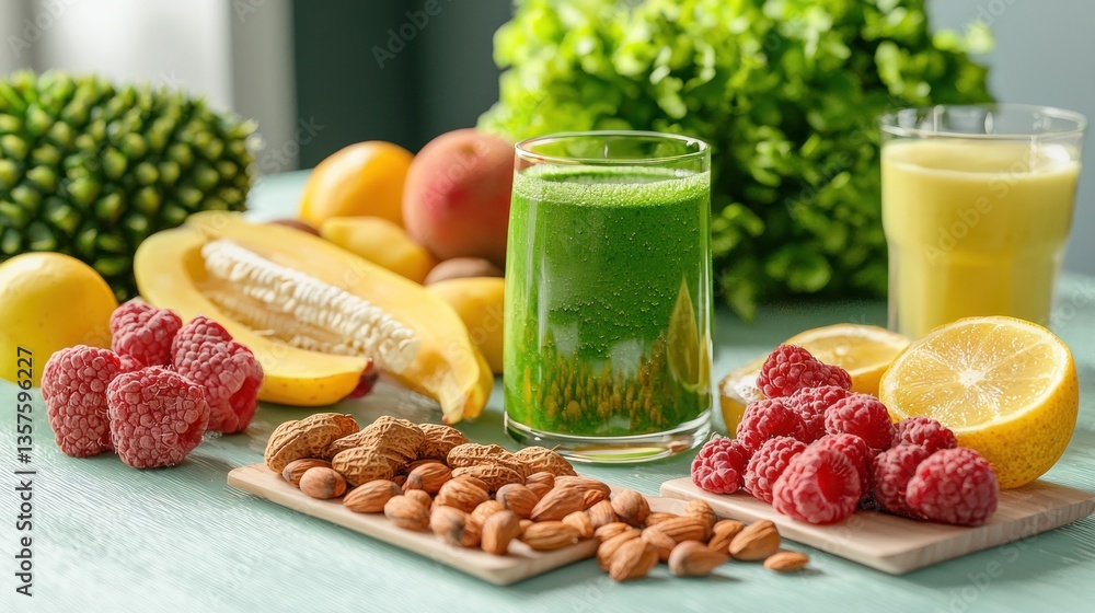 Healthy smoothie ingredients displayed on a light teal table, with background of fresh fruits and vegetables. Use Healthy eating, diet, or nutrition articles Healthy smoothie ingredients displayed on a light teal table, with background of fresh fruits and vegetables. Use Healthy eating, diet, or nutrition articles