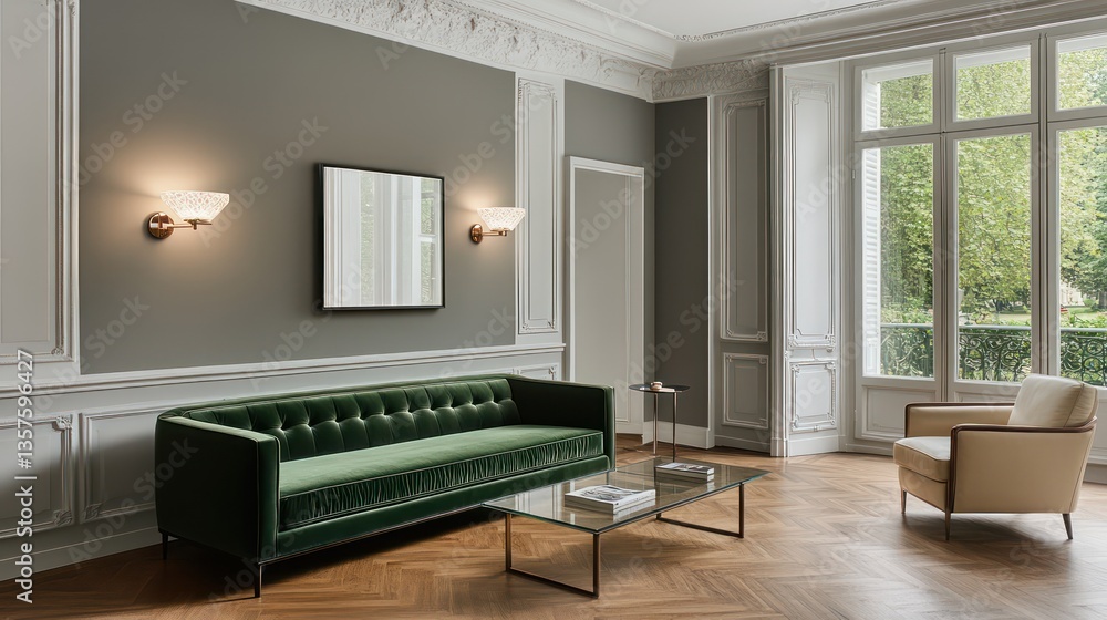 Naklejka premium A modern living room featuring a deep green velvet sofa against light gray walls with decorative white moldings
