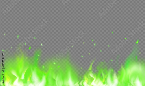 Green fire effect overlay on transparent background. Magic toxic fire flame and spark light particle panoramic texture. Neon witchcraft wizard energy fireplace.