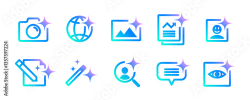 Wallpaper Mural AI assistant tool icons and app buttons vector set for search, photo camera and chatboat. AI image generator and face recognition of copywriter magic wand tool icons Torontodigital.ca