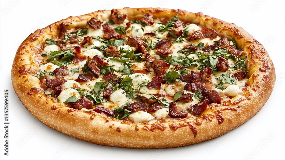 Delicious Pizza with Mozzarella, Bacon, and Basil on a White Background Delicious Pizza with Mozzarella, Bacon, and Basil on a White Background