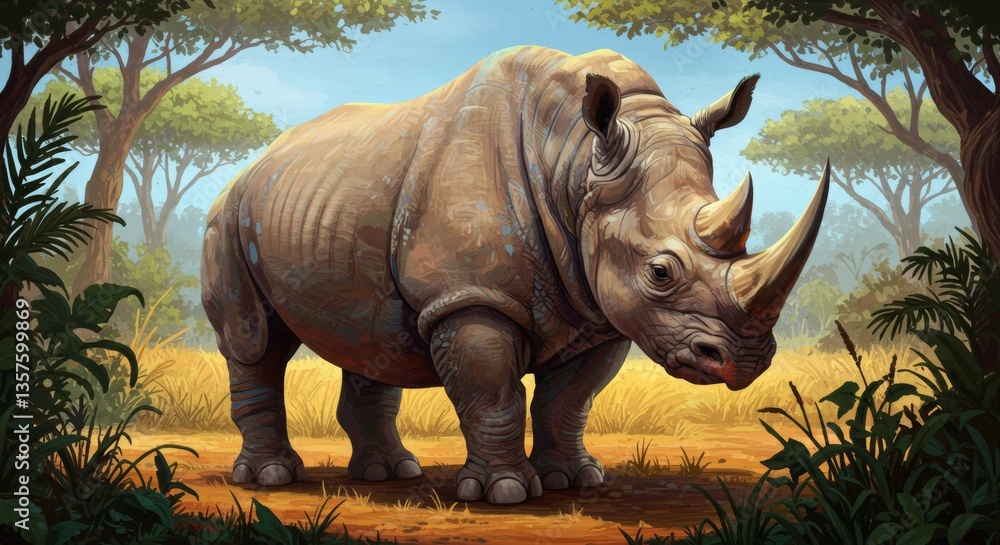Fototapeta premium A majestic rhinoceros stands prominently within its natural habitat