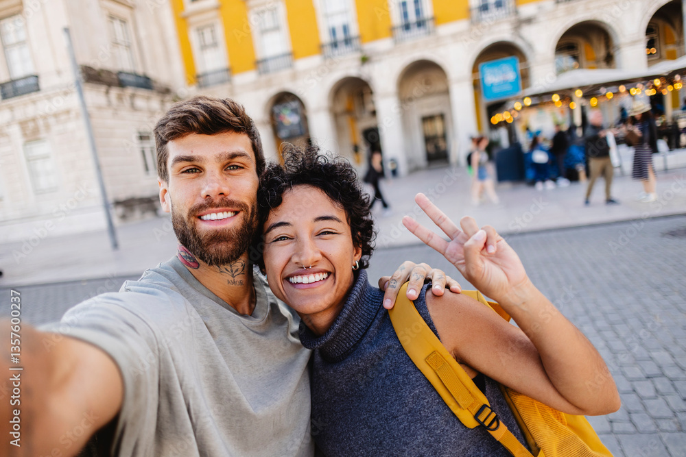 Obraz premium Happy tourists taking a selfie in lisbon, portugal, showing peace sign
