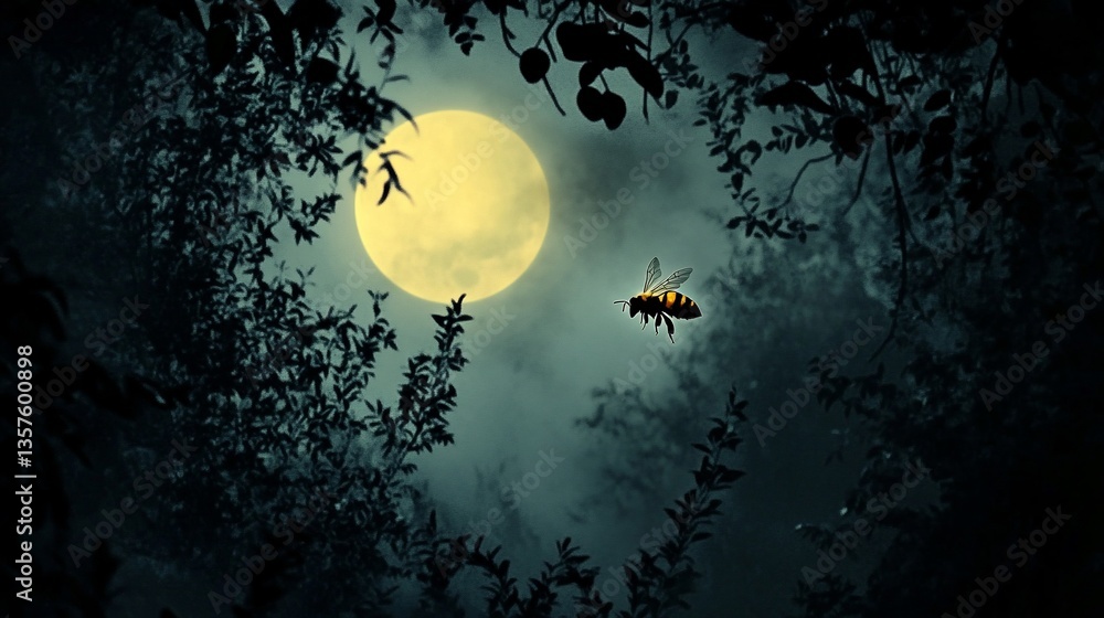 Mystical Night Flight: Bee Under the Moonlight Through Dark Forest Canopy Mystical Night Flight: Bee Under the Moonlight Through Dark Forest Canopy