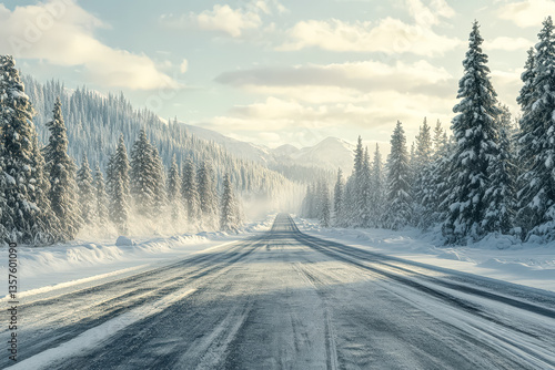 Snowy road with trees in the background. The road is empty and the sky is cloudy